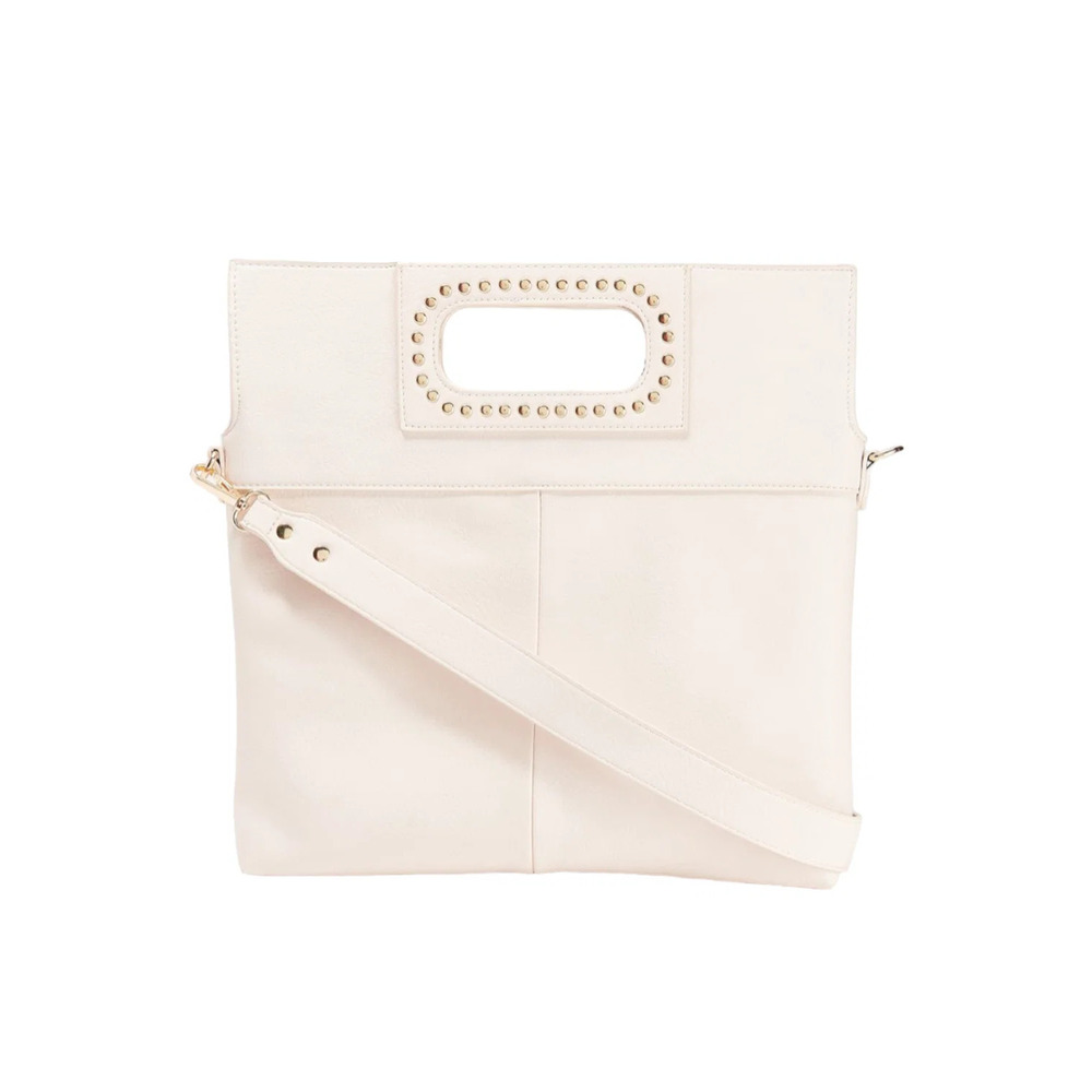 AHDORNED Small Faux Leather Studded Handle Foldover Clutch Cream